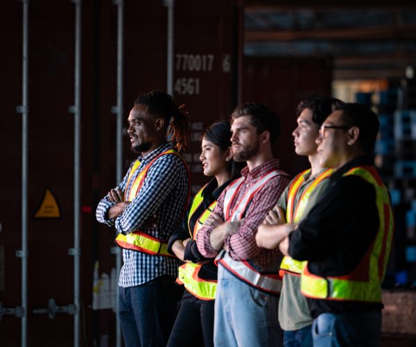 Portrait of group employees in the warehouse with arms crossed